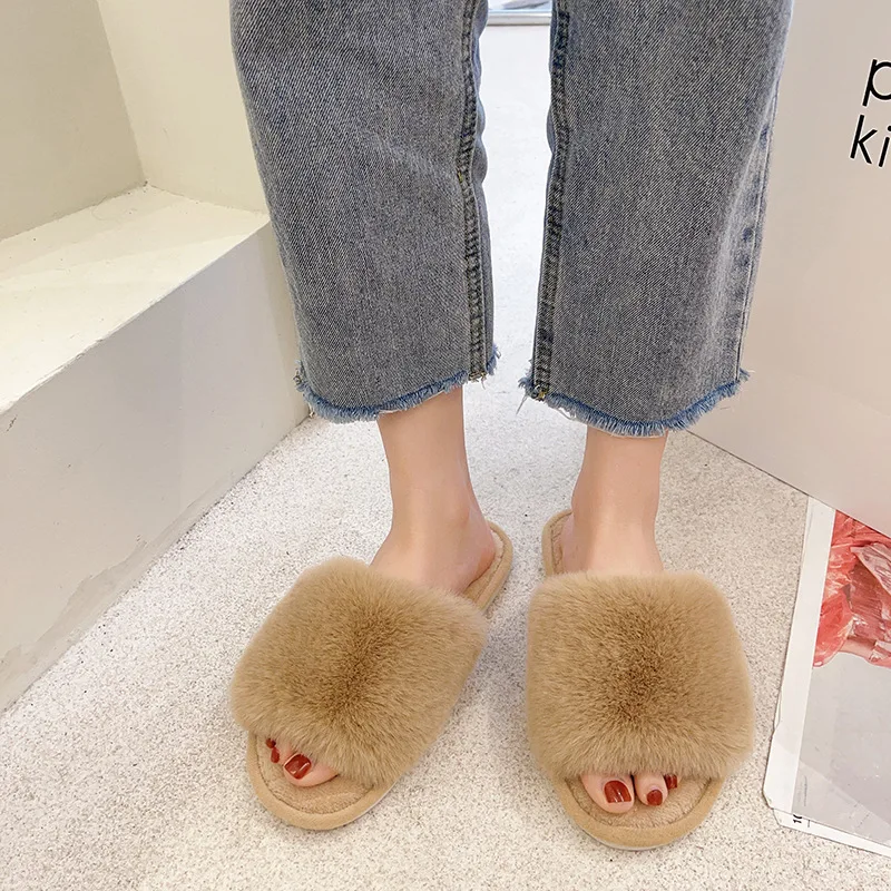2023 New Woman Slippers Winter Simple Word Fur Flats Soft Home Women Slippers Faux Fur Warm Bedroom Leisure Female Slides Shoes
