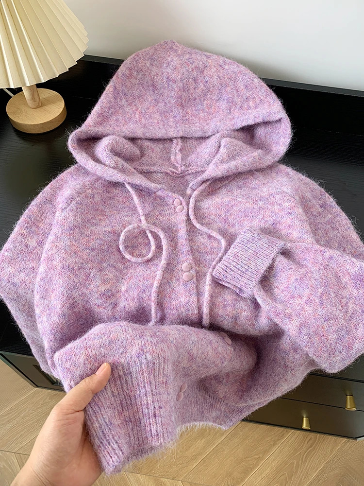 Korean Hooded Knitted Cardigan Women Autumn Winter Fashion Casual Loose Lazy Style Sweater Female Streetwear Coats 240904