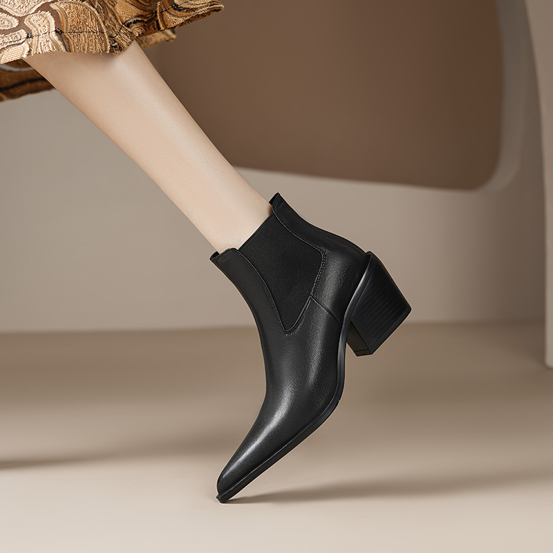 2024 Women Pointed Toe Chunky Ankle Shoes Winter Western Cowboy Sheepskin Boots Genuine Leather 6c4b