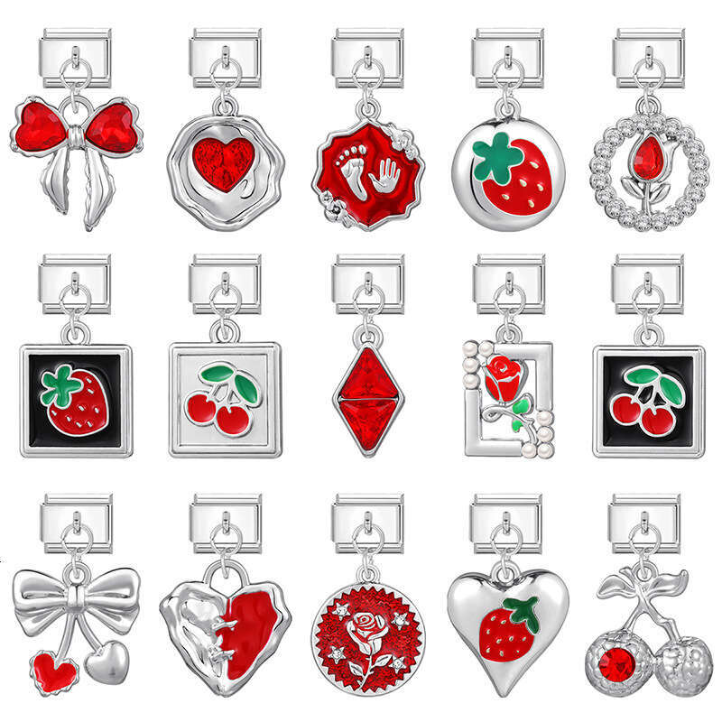 New Women's Gift red enamel Strawberry cherry bow Pendant Italian Charms Links Bangle Beads Fit 9mm Stainless Steel Bracelet Making DIY For Women