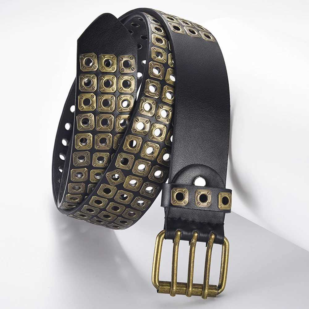 Retro Square Rivet Studded Waist Strap MenS Belt With Double Row Needle Buckle WomenS Belt Hip-Hop Rock Punk Y2k Style JeansX240914