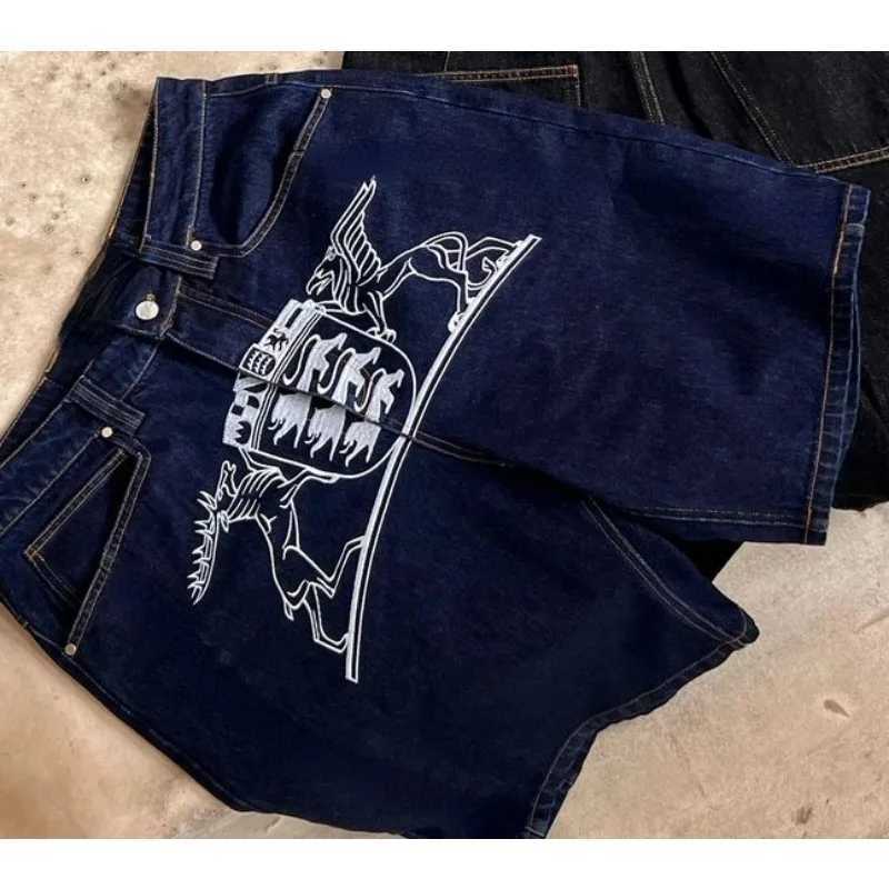 y2k letter printed black denim shorts hip-hop fashion retro trendy loose trousers Harajuku style skateboard street sportswearX240914
