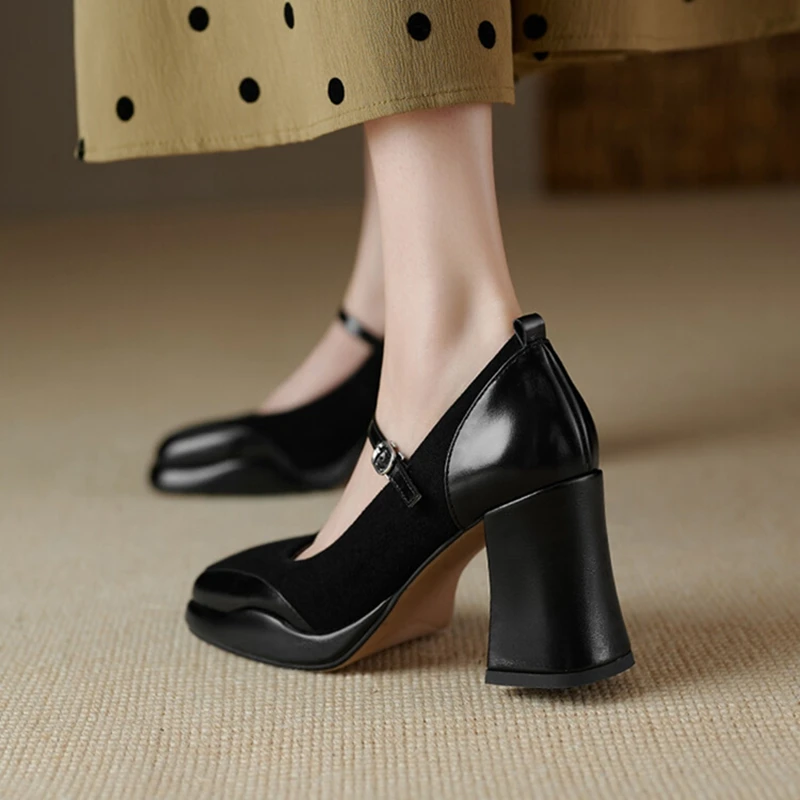 2025 new Women's Spring Pumps Sheep Suede Leather for Women Round Toe Chunky Super High Heel Mary Janes Platform Shoes 0811 Platm