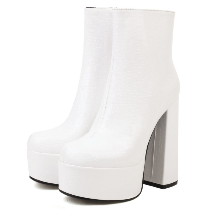 Platform Short Boots Female Winter Sexy High Heels Ankle Boot For Women Snakle Leather Green White Dance Party Shoes Large Size a08c