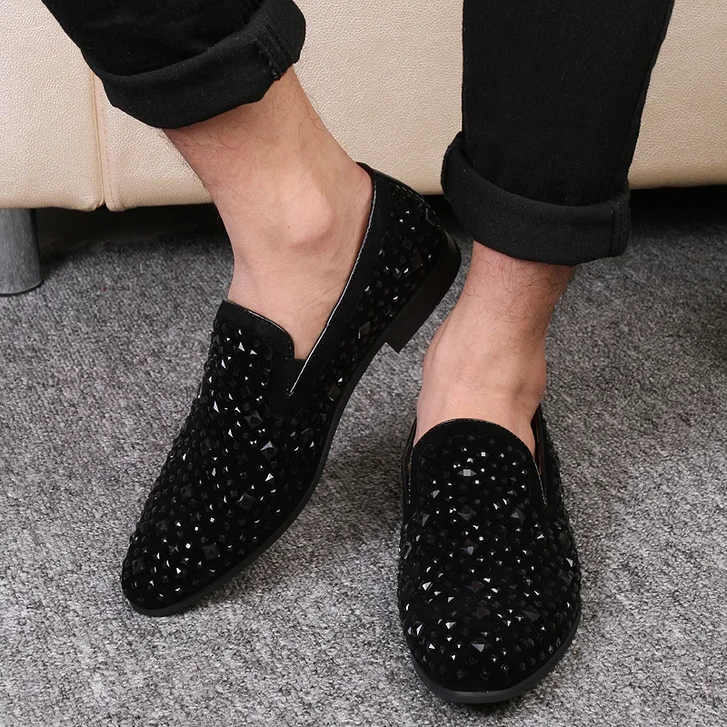 2024 New Brand Black Spikes Mens Loafers Luxury Shoes Denim And Metal Sequins High Quality Casual Men Shoes