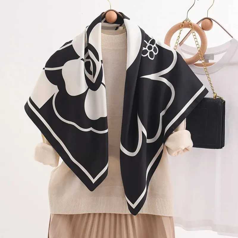 Scarves Big Camellia Print Shawl Elegant Color Block Large Square Scarf Silk FeelTwill Scarf for Women Casual Bandana J240913