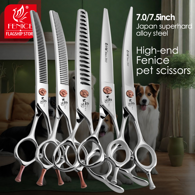Fenice Japanese Steel 7 Inch Professional Pet Dogs Grooming Scissors Kit Straight&Curved &Thinner&Chunker&Fluffy Shear Scissors