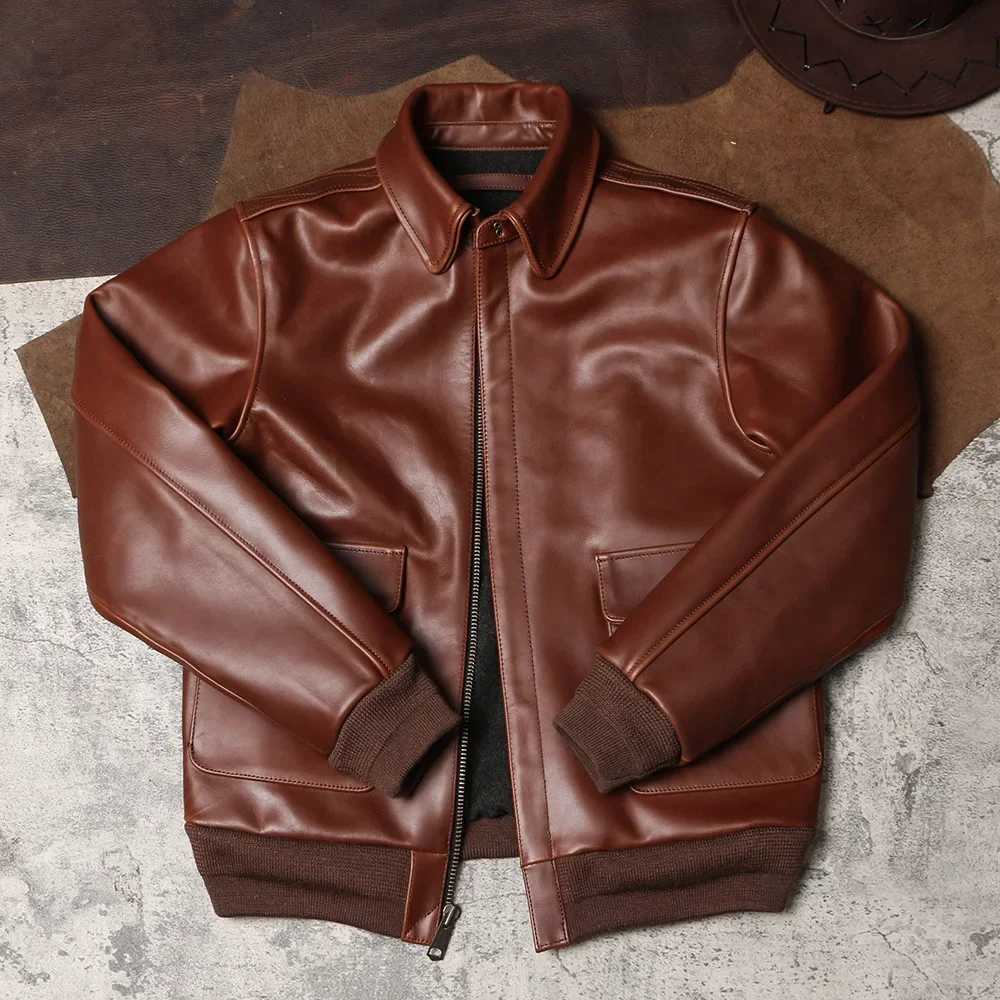 American leather lapel cut jacket retro A2 leather jacket hard wax denim flight suit W240914