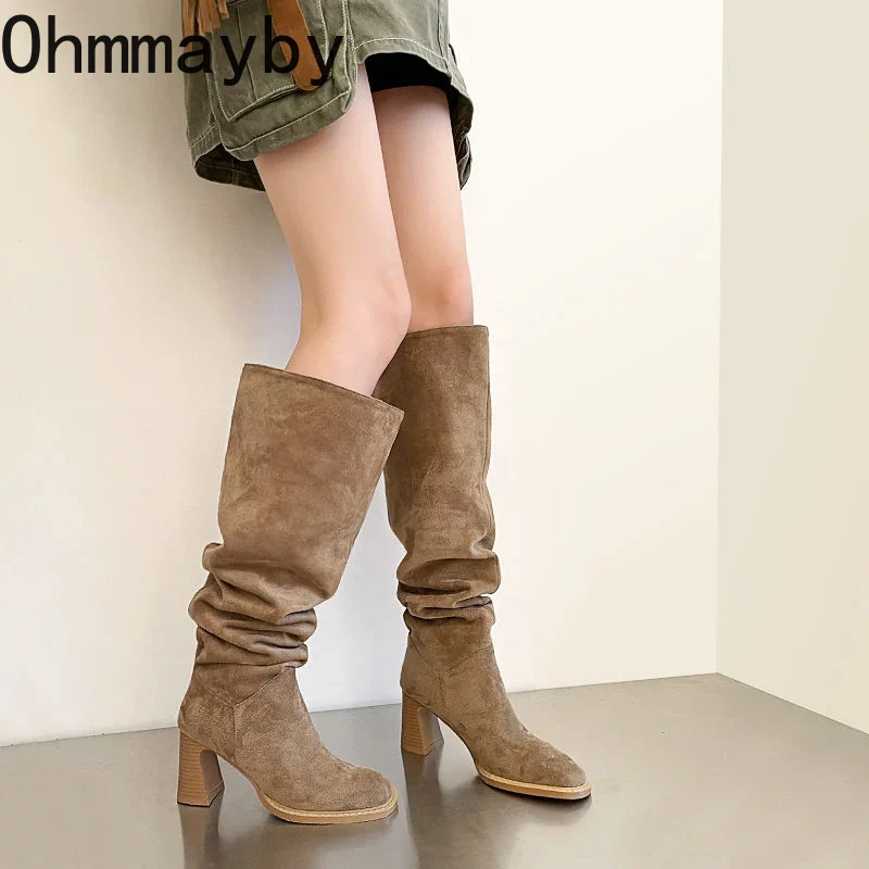 On Slip Women Western Knee High Boots Fashion Pleated Sewing Pumps Autumn Winter Thick Heel Ladies Modern Long Booties d7fc