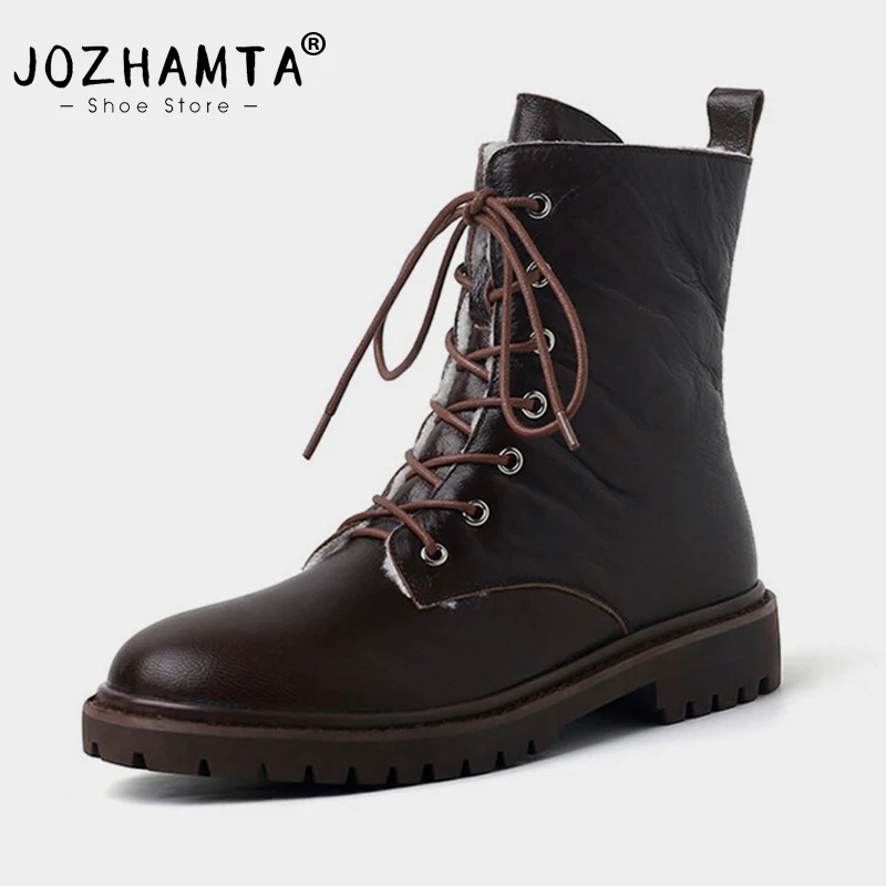 JOZHAMTA Size 34-42 Women Genuine Leather Wool Winter Ankle Warm Snow Platform High Plush Motorcycle Boots Shoes