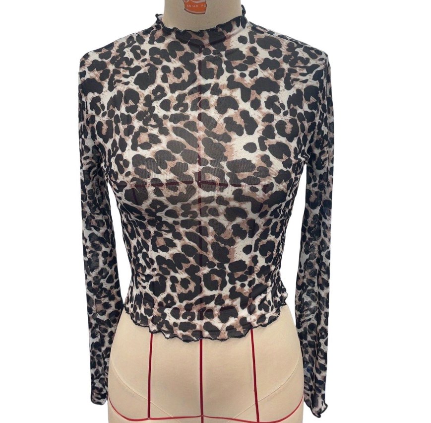 Women's T Shirts Elegant women's mesh leopard print stand up collar long sleeved short T-shirt top for women