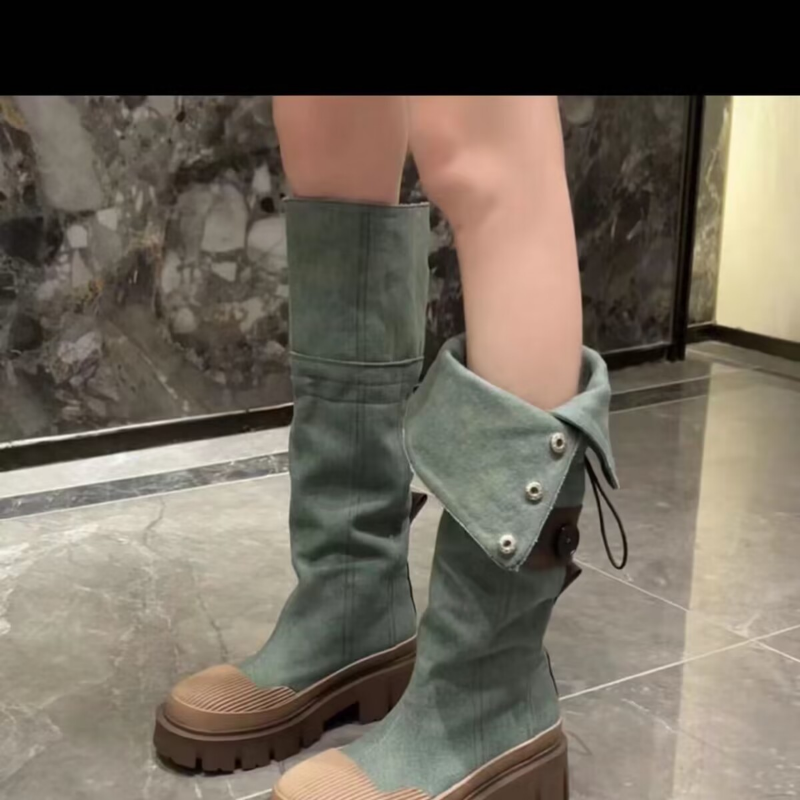 Retro Denim Chunky Platform Boots for Women 2024 Autumn Patchwork Western Style Cowboy Boots Woman Thick Heels Mid Calf Botas