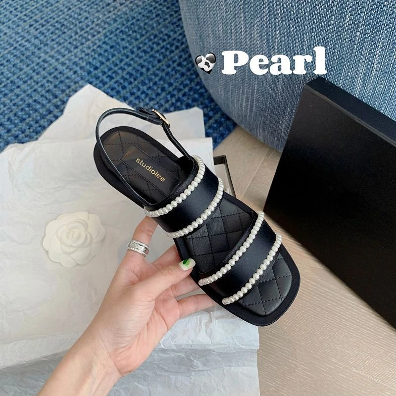 2022 Women's Pearl Sandals Female Ankle Buckle Flats Ladies Non Slip Summer Sandalias Mujer Peep Toe Woman Beach Footwear