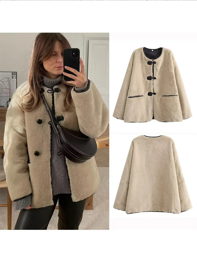 Fashion Patchwork O-neck Lamb Wool Coat For Women Chic Bull Horn Buckle Long Sleeve Loose Jacket 2024 Autumn Lady Warm Outerwear 240912