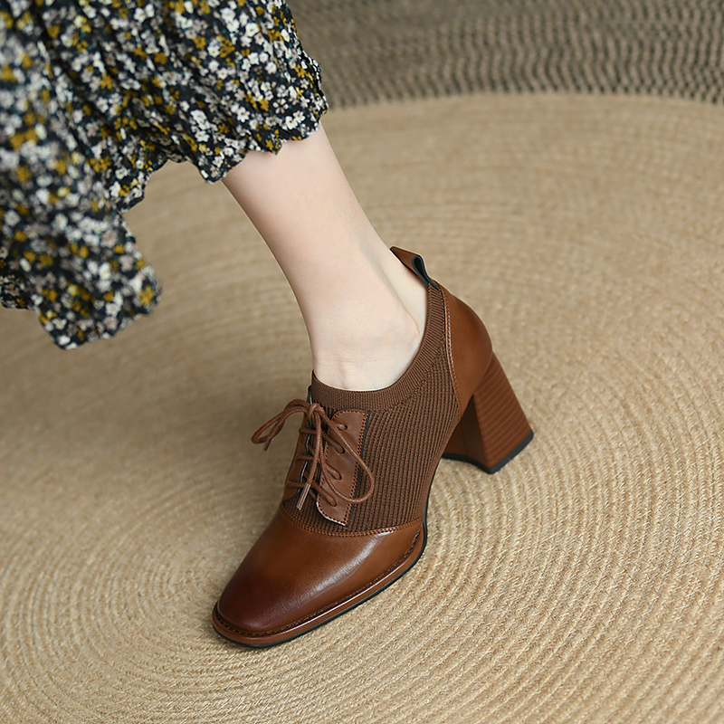 2025 new Spring shoes Pumps Square Toe Lace-Up Chunky Heel Casual Solid Split Leather for Women Heels Shoes 53ef
