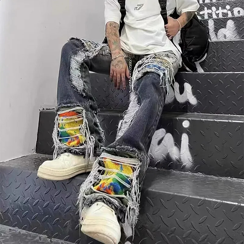 Ropa Grunge Y2K Streetwear Baggy Stacked Ripped Jeans Pants For Men Clothes Rock Straight Women Gothic Denim Trousers 240906
