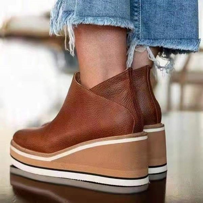 2022 Autumn New Leather Wedge Heel Platform Ankle Boots Women's Shoes Fashion Zipper Short Boots High Heels Boots Plus Size 43