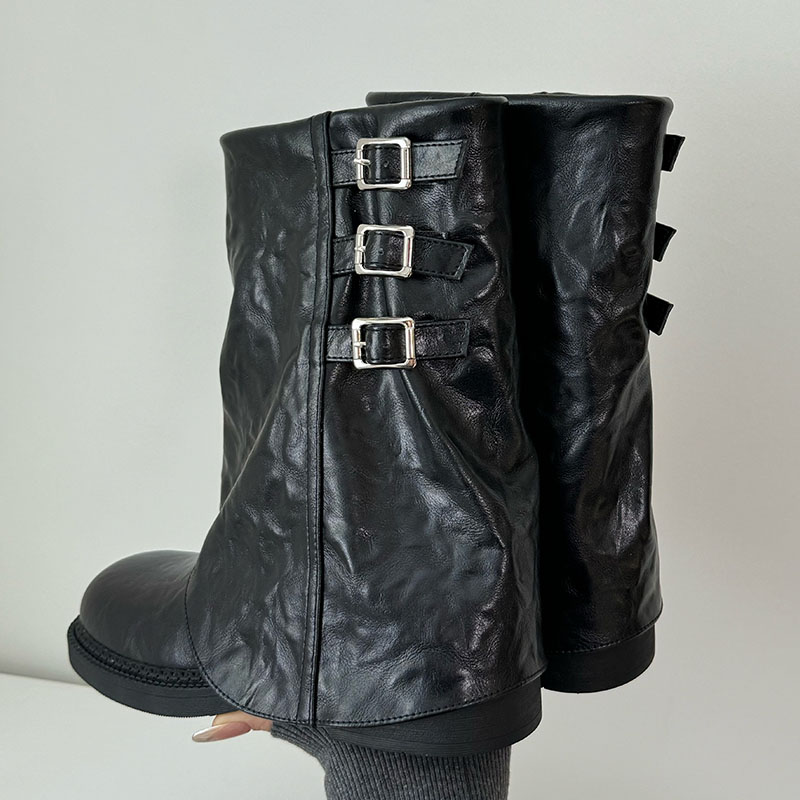 Fashion Designer Metal Buckle Women Ankle Western Female Slip On Footwear Round Toe Ladies Short Boots 4.5cm Heels Shoes