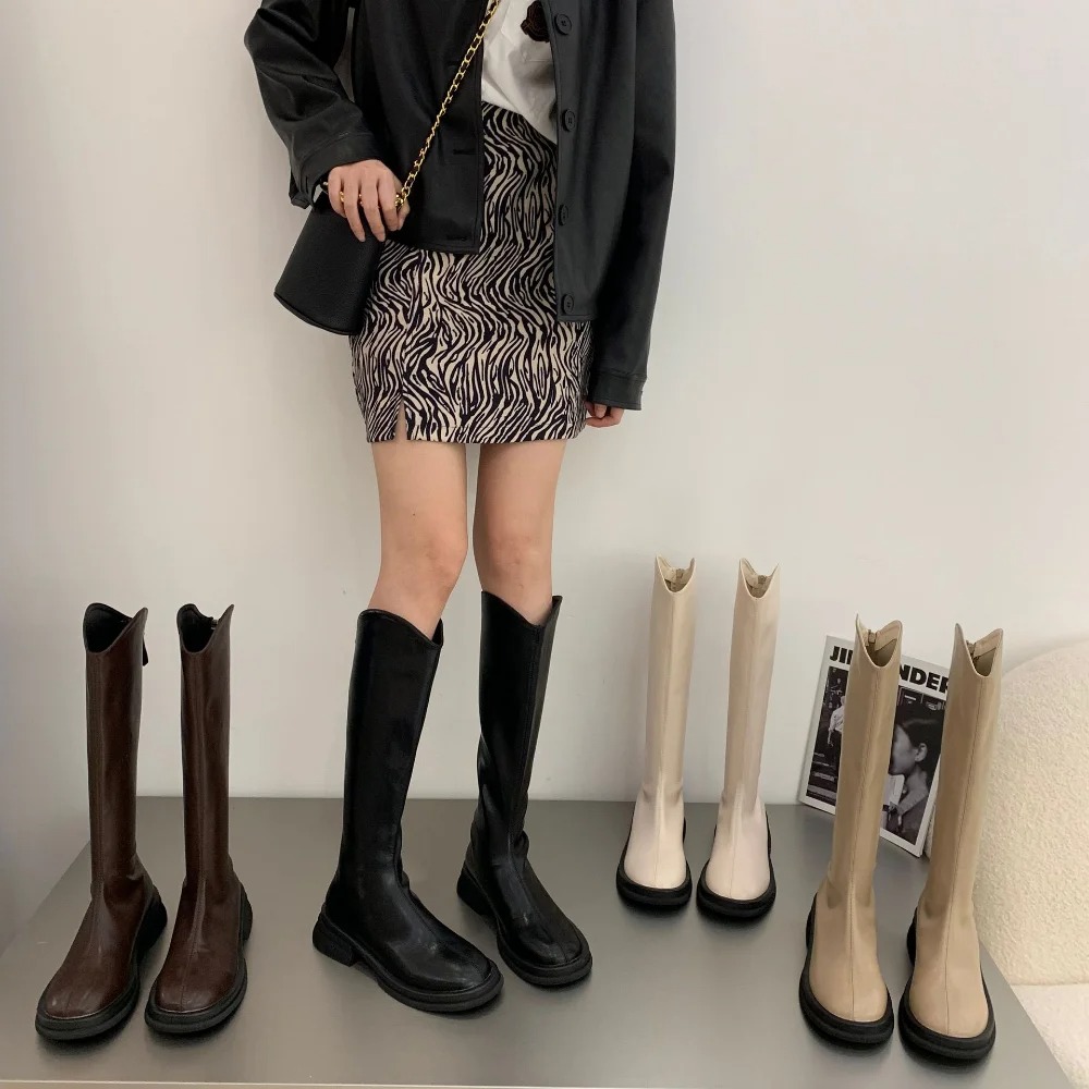 Women's Knee New Autumn PU Leather Female Shoes Low Heel Long Boots Slip on Chunky Botas for Woman 7342