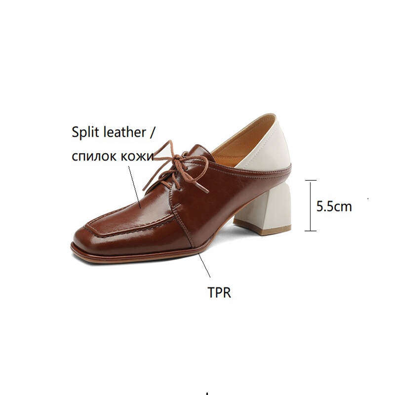 New Spring 2023 Loafers Split Leather Square Toe Chunky for Mixed Colors Mid-heel Women Pumps Lace-up Shoes 1aa3