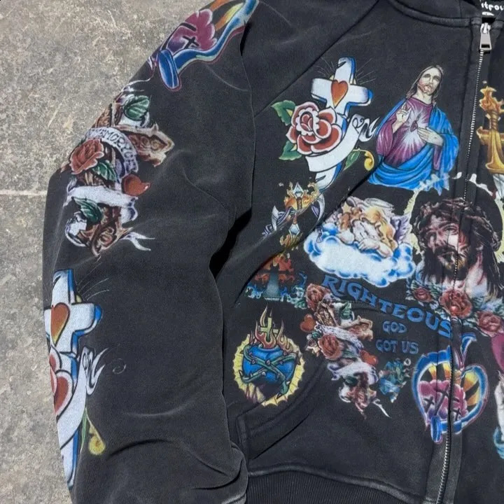 High quality Y2k retro black rising king cut zipper hoodie Gothic graphic wash mens sportswear 240911
