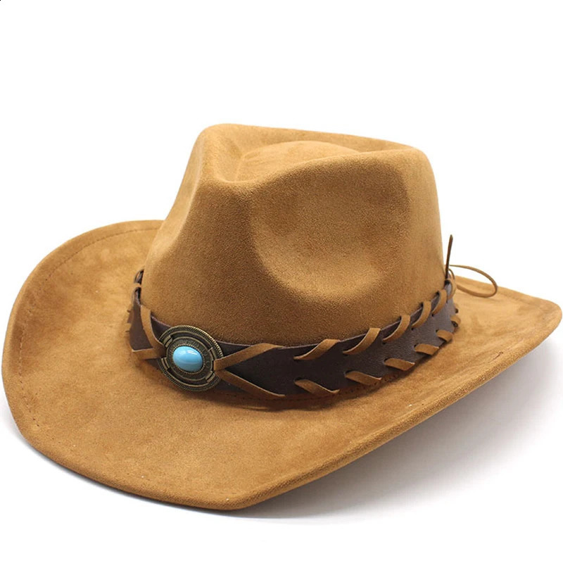 Suede Western Cowboy Hat Men Women Vintage Gentleman Lady Jazz Cowgirl Panama Sun Cap Wide Brim Cloche Church Fedora Hats 240912