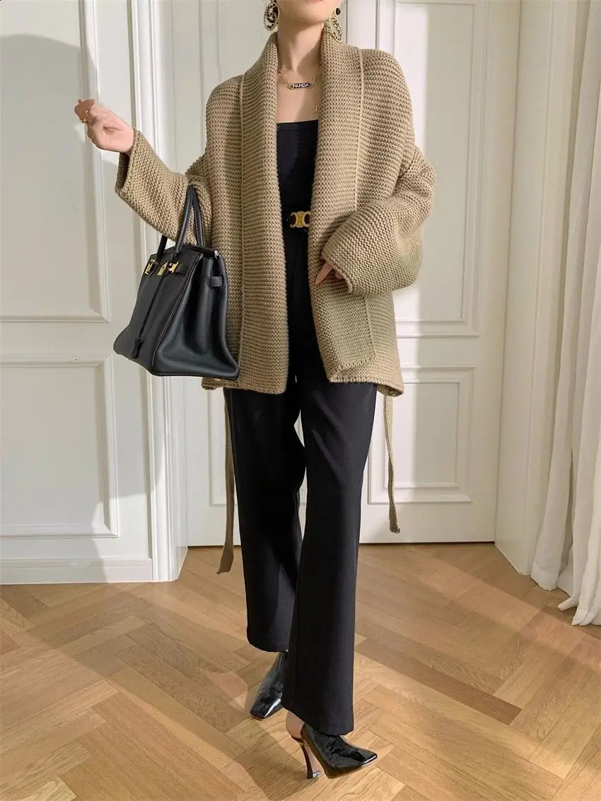Knitted Cardigan Womens Autumn Winter Korean Vneck Waistband Tie Up Slimming Loose Ins Westernstyle Sweater Jacket 240904