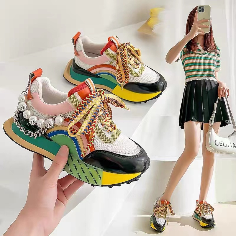 Lace Up Pearl Chain Decorative Women's Vulcanized Shoes Women's Platform Sneakers Zapatos De Mujer Women Shoes