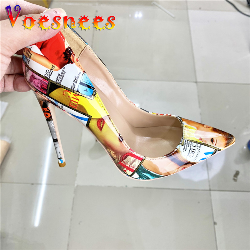 Europe And America Style Colorful Single Shoes Street Fashion Poster High Heels 12CM Nightclub Pointed Toe Women Printing Pumps