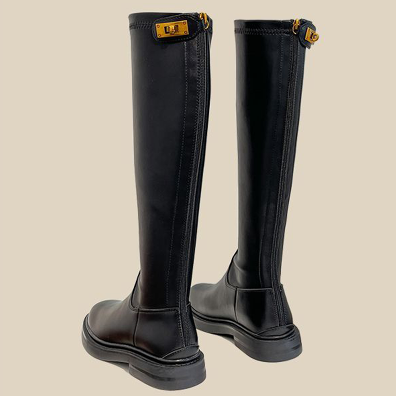 Winter Knee High Shaft Ladies Boots Shoes for Women Elegant with Low Heels Long Black Footwear Leather Round Toe Pu Trend 2024