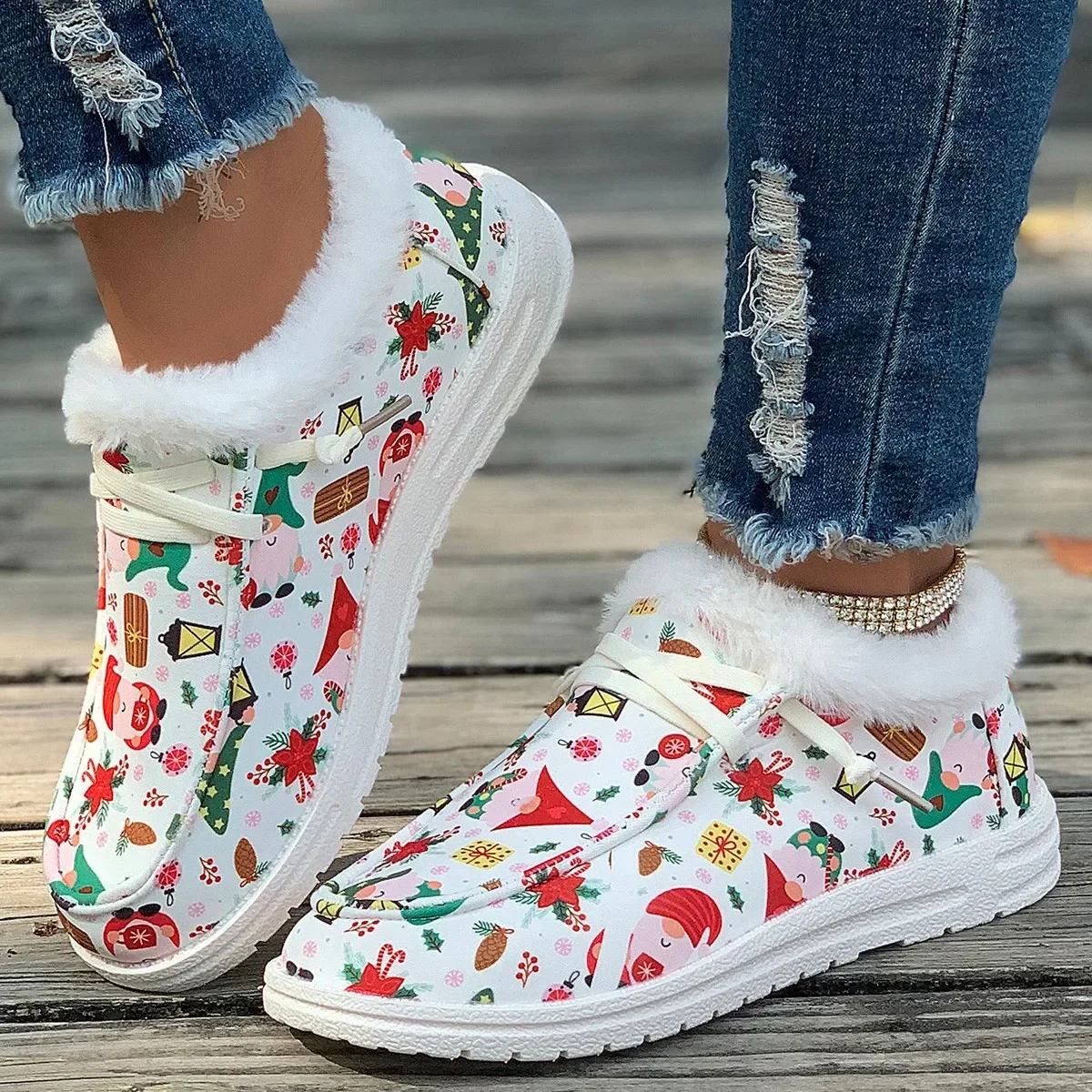 Ladies Flat Casual Shoes Women New Winter Ankle Snow Boots Woman Christmas Print Cotton Shoes Short Plush Booties Warm Gift