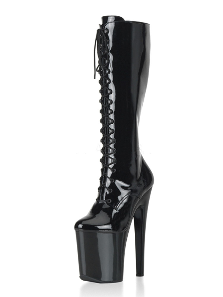 Crossdress Round Toe 20cm Exotic Dancer Mid-Calf Platform Boots Nightclub Sexy Fetish Women's Gothic Strip Pole Dance Big Size