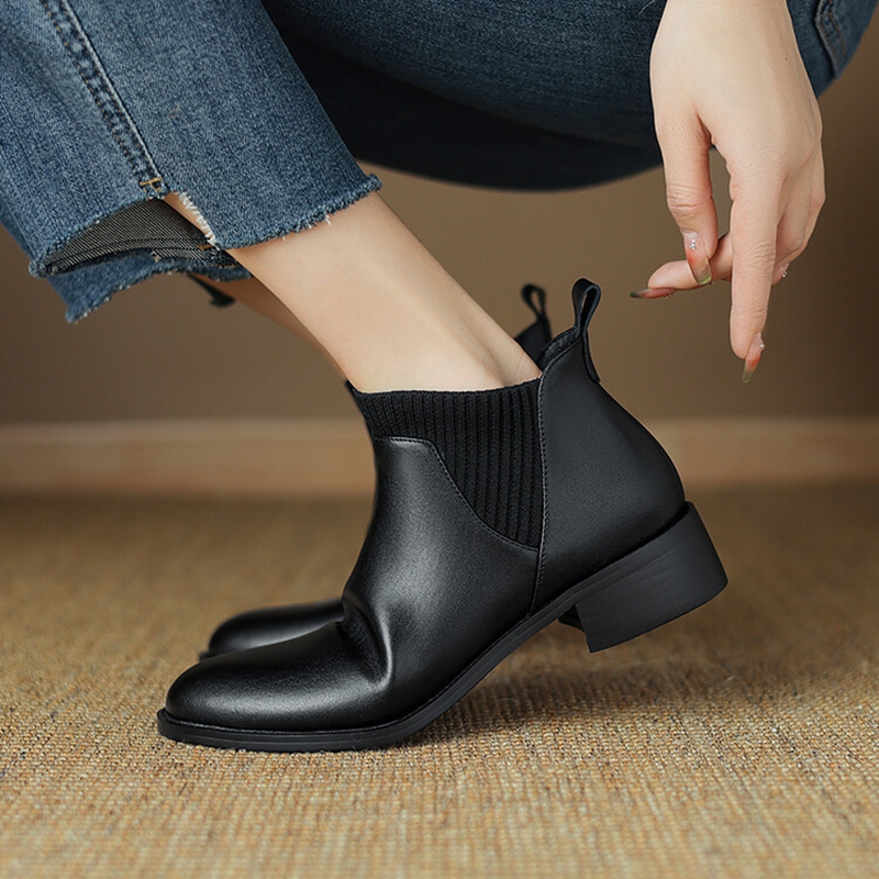 Autumn NEW Round Toe Chunky Heel Split Leather Shoes for Women Casual Slip-on Ankle Black Handmade Boots 3772