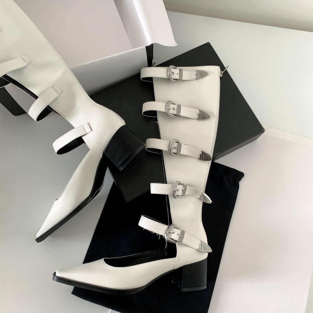 genuine Women's leather metal buckle pointed knee high motorcycle summer square toe 5.5cm thick med heel punk boots b846