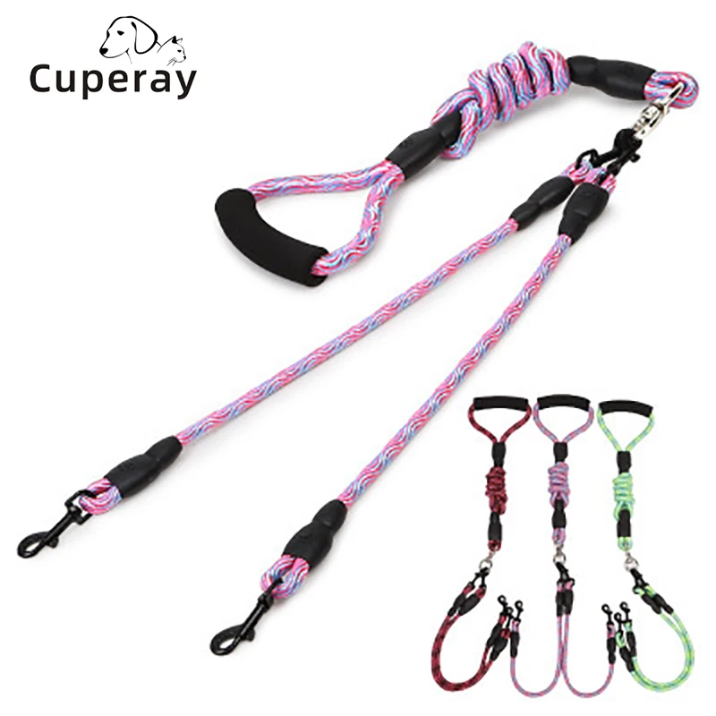 Pet Double-headed Dog Walking Rope Wave Pattern One Drag Two Traction Rope Anti-winding Detachable with Comfortable Foam Handle