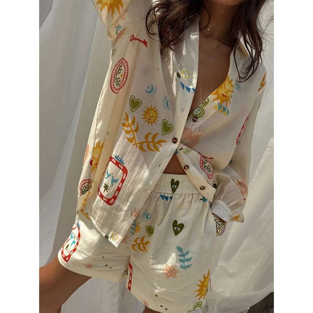 Summer Women Prined Set Causal Lapel Single Breasted Full Sleeves Shirt Elastic Shorts Suit Vacation Lady Outfit