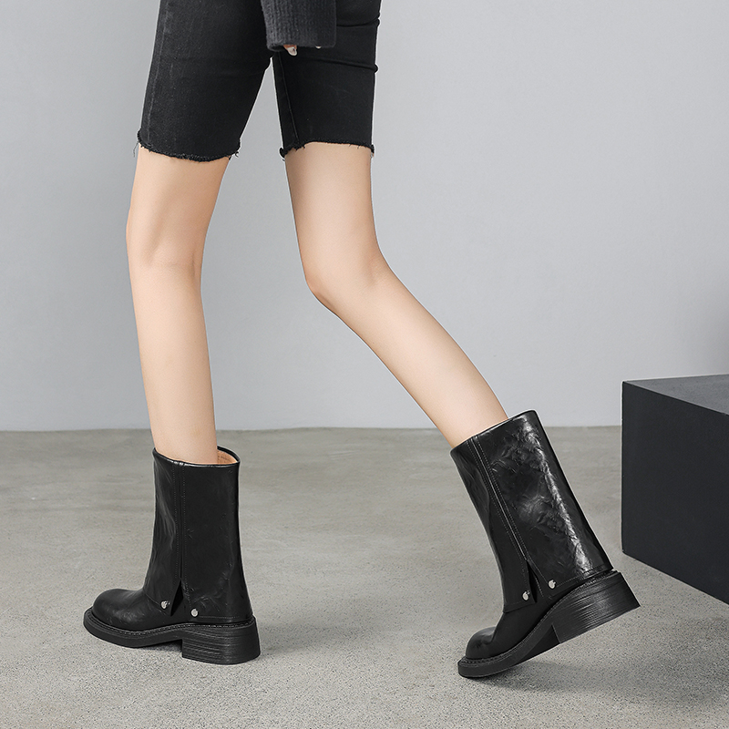 2024 New Spring/Autumn Round Toe Med Heel Pants Split Leather Shoes for Women Modern Boots 90f7