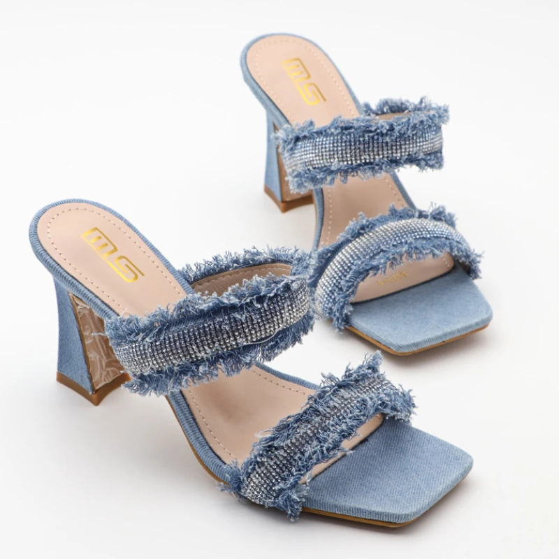 Denim Sandals Woman Square Headed High Heels Female Open-toe Blue Mule Sandals Rhinestone Glitter Summer Brand Slippers Women
