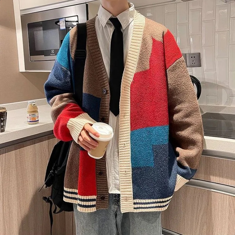 Men Korean Fashion Contrast Color Streetwear Oversize Single Breasted Knitted Cardigan Y2K Youth V Neck Long Sleeve Sweater Coat 240913