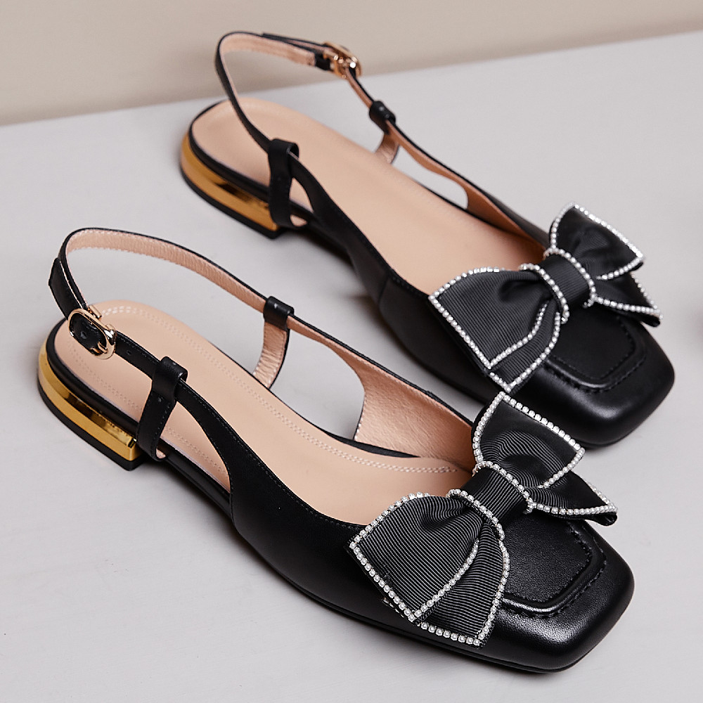 genuine Women's leather sgback slip-on sandals square toe sweet bowtie korean style summer New flats sandalias shoes women 2108