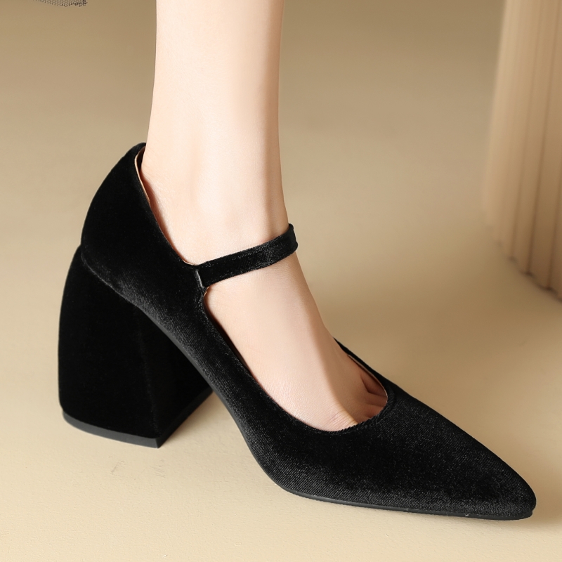 Square Designer High Heels Mary Janes Veet Black Green Heeled Dress Pumps Women Large Size Office Party Wedding Shoes 7834