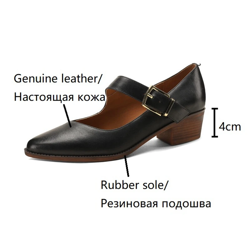 Spring/Fall NEW Pumps Genuine Leather for Women Pointed Toe New Chunky Mid-Heel Mary Janes Retro Belt Buckle Shoes 91c9