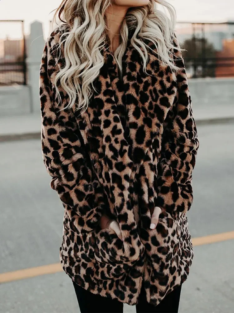Autumn Leopard Faux Fur Coat Women Long Winter Coat Woman Warm Ladies Fur Jacket Female Plush Teddy Coat Outwear 240911