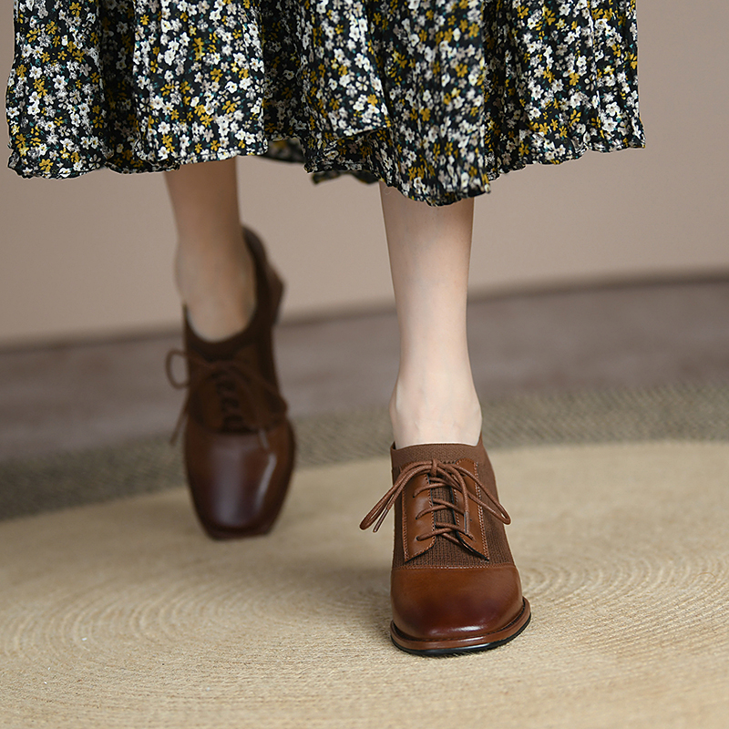 2025 new Spring shoes Pumps Square Toe Lace-Up Chunky Heel Casual Solid Split Leather for Women Heels Shoes 53ef