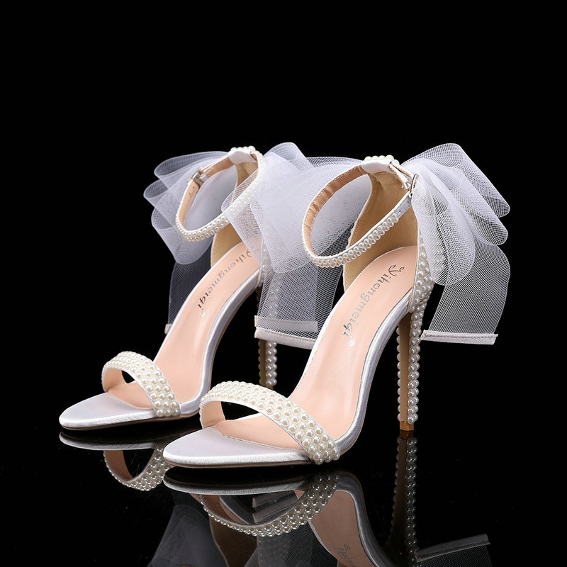 2024 New Fish Mouth High Heels Shallow Mouth Rhinestone Pearl Sandals Women's Wedding Bride Shoe