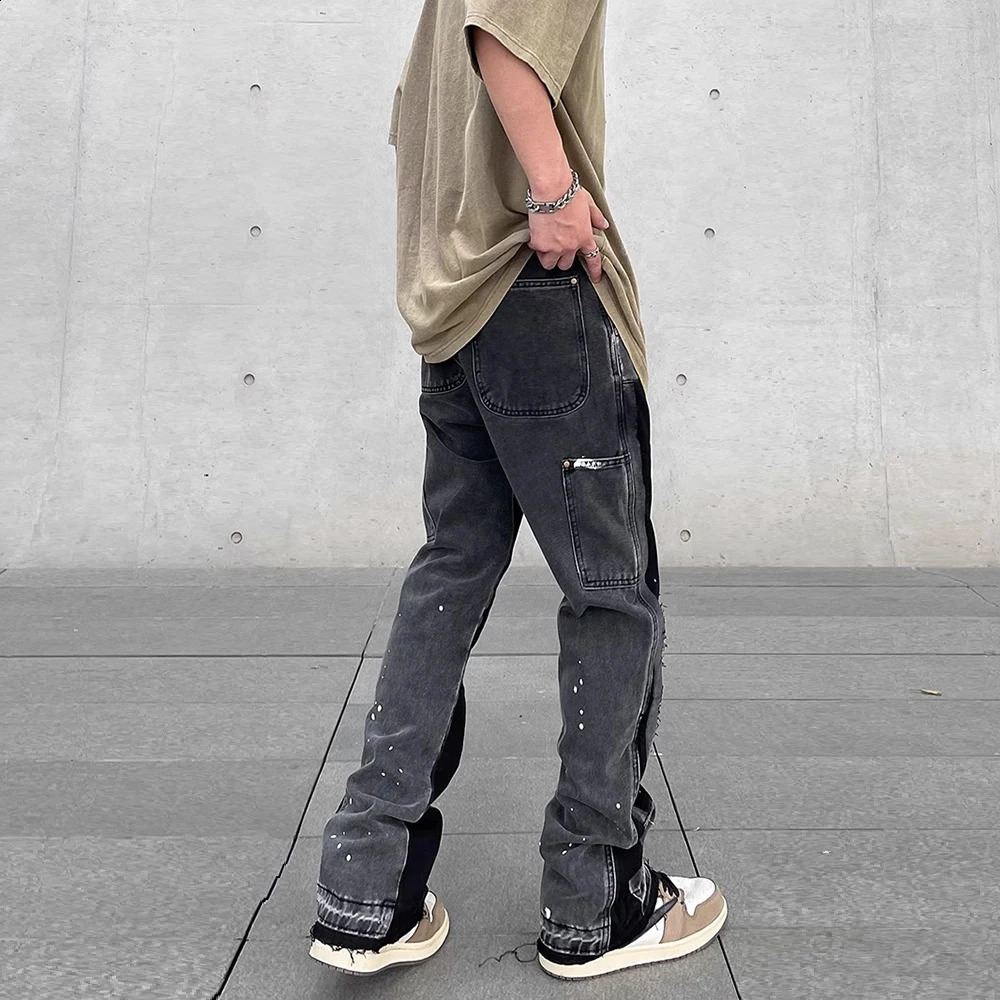 Graffiti Black Flared Denim Pants Mens Vintage Hip Hop Patches Splashed Ink Wide Leg Jean Y2k Baggy Washed Jeans for Male 240909