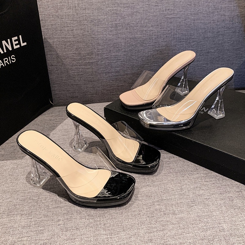 New Summer's Clear Crystal Slippers With Waterproof Table Sandals For Women Wear Nightclub High-heeled Slides 7d91 8054