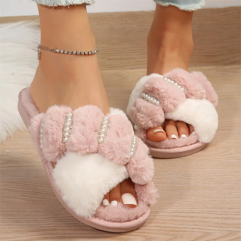 Women Fashion Warm Fluffy Slippers Cozy Faux Fur Cross Indoor Floor Slides Flat Soft Furry Ladies Female Celebrities Flip Flops 240914