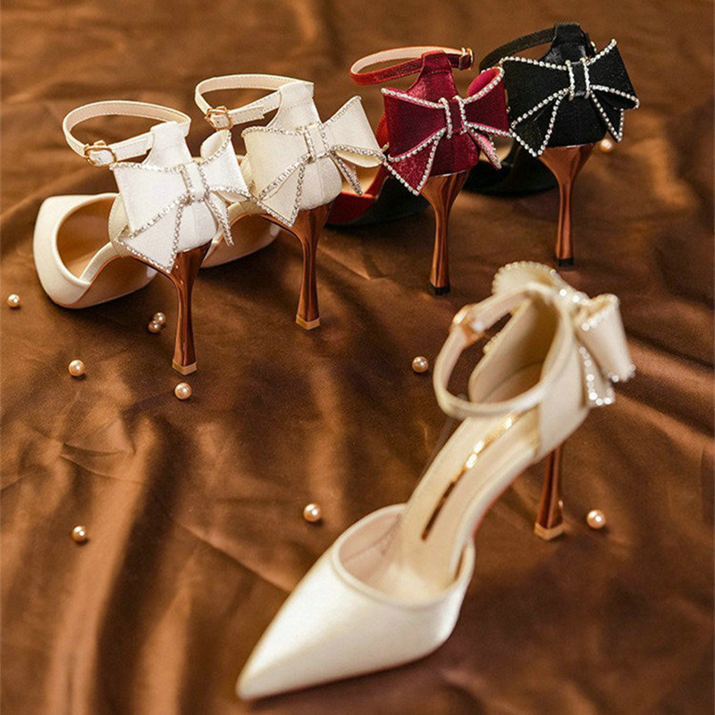 2024 Star style Women Satin Pumps Fashion Rhinestones Stiletto High heels Party Shoes Summer Butterfly-knot Wedding Shoes