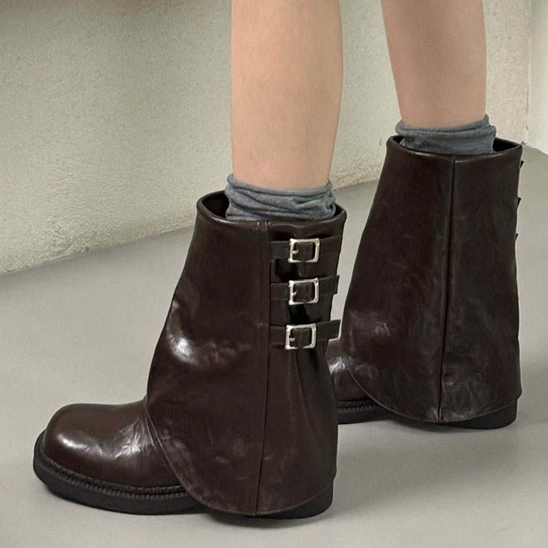 Fashion Designer Metal Buckle Women Ankle Western Female Slip On Footwear Round Toe Ladies Short Boots 4.5cm Heels Shoes